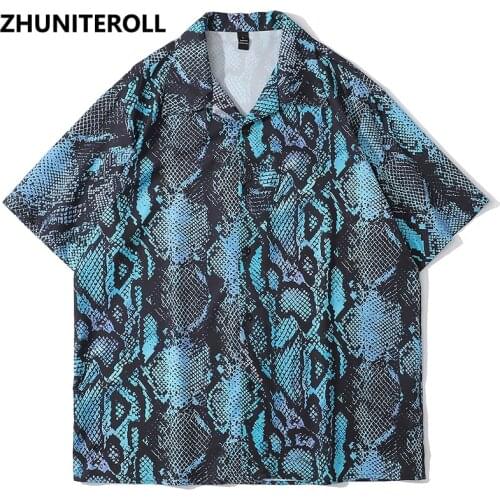 2021 Summer Snake Skin Print Hawaiian Beach Shirts Japan Style Hip Hop Short Sleeve Button Up Streetwear Trends Shirt Mens Tops