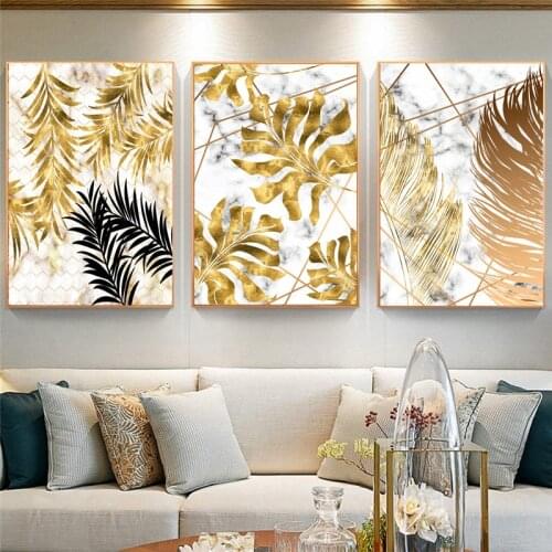 Living Room Decoration Painting Gold Black Marble Blackground Plant Leaf Wall Art Picture Print on Canvas Poster cuadros decor