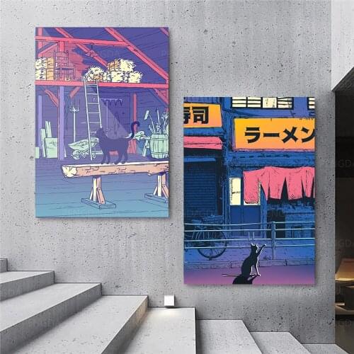 HD Prints Night View Canvas Painting Modular Animal Cat Pictures Wall Art Japan Buliding Poster Frame Home Decor For Living Room