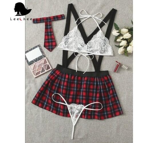 LEECHEE Cosplay Student Sexy Lingerie Uniforms Youth Lace Bra Thong Sling Plaid Pleated Skirt Role Play Costumes Women Underwear
