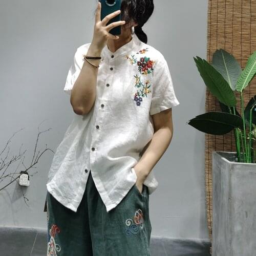 Summer Blouse 2021 Women Retro Casual Loose Tops New Shirt Cardigan Button Embroidery flower Short Sleeve All-match Shirt