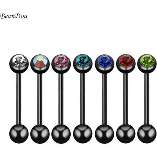 Fashion Black Tongue Rings Black Barbell Tongue Piercing Bar Stainless Steel Czech Crystal 7 Colors 1.4mmx16mm Body Jewelry Men