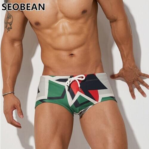 SEOBEAN Mens Swimming Suits Fashion Digital Printing Geometric Patchwork AussieBum Hot Spring Swimming Trunks