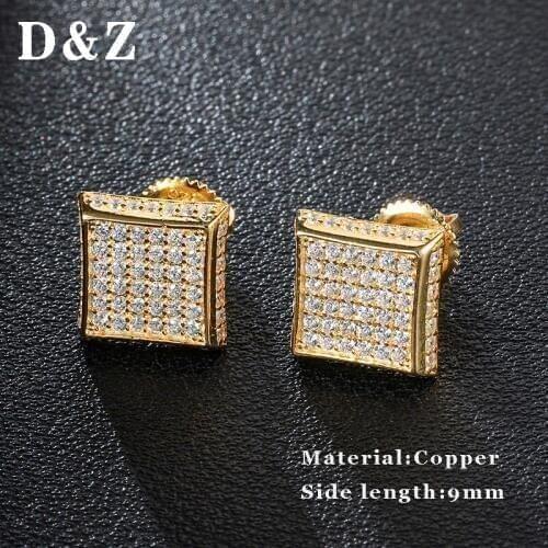 D&Z Hip Hop Micro Paved Full AAA+ Zircon Men Earing Shiny Copper Geometric Square Pendientes Hombre For Male