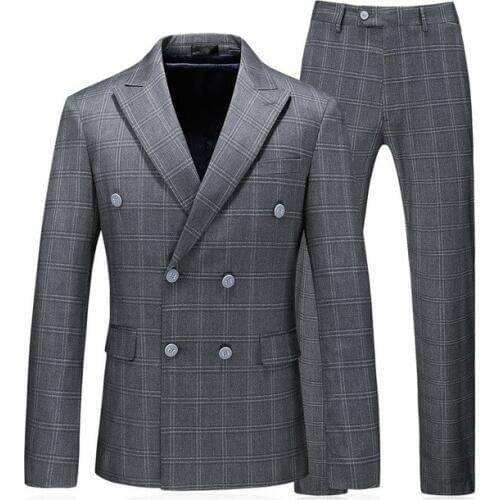 New Arrival Gentlemen Business Party Suits Double Breasted Gray Plaid Men Suits 3 Pieces Classic Tuxedos Sets Terno Masculino