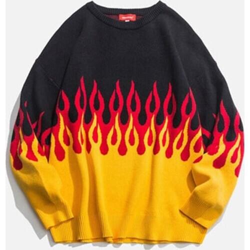 Autumn Winter Harajuku Mens Sweater Flame Knitting Casual Loose Pullover 2020 New Japan Style Hip Hop Male Cold Blouse Unisex