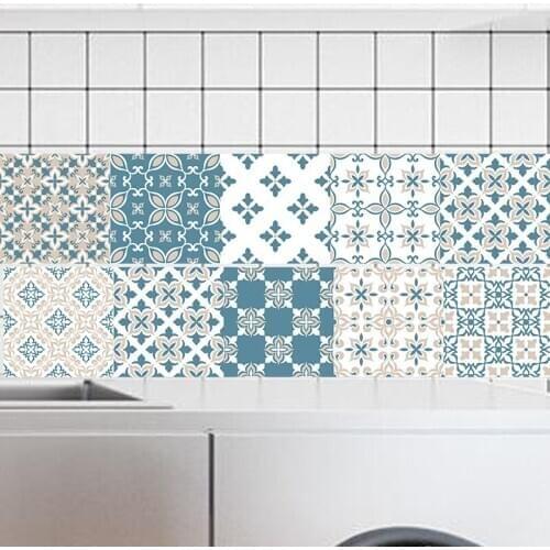 Blue tile sticker retro living room bedroom wallpaper wall sticker kitchen oilproof sticker bathroom waterproof sticker 10x200cm