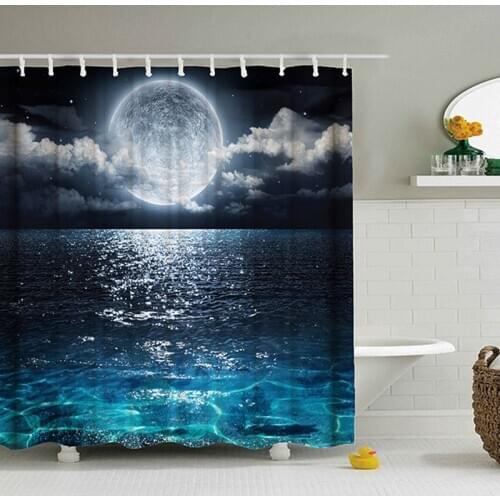 New Galaxy Earth Moon Shower Curtain and Mat Set Beach Ocean Sea Waterproof Moldproof Polyester Bathroom Curtain with Hooks