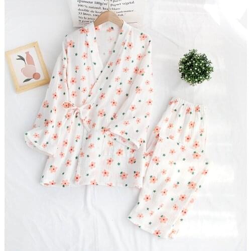 Spring/ Autumn Pajamas Women Cotton Crepe Little Flower Kimono Half Sleeve Sleepwear Set for Ladies Summer Thin Comfy Homewear