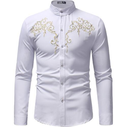 Men Shirts Long Sleeve Stand Collar Fashion Embroidery Spring Autumn Business Party Shirt Stage Wine Red Black White Dark Blue