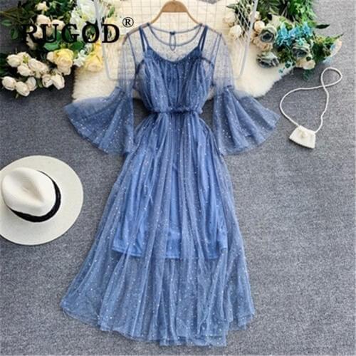 RUGOD Korean flare sleeve Sequin party dress women Elegant round neck 2 pieces sexy mesh midi dresses vestidos boho dress 2019