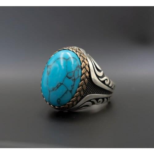 Silver Men Oval Turquoise Stone Ring for Men 925 Sterling Silver Male Punk Mask Rings Vintage Antique Jewelry Gift Fashion