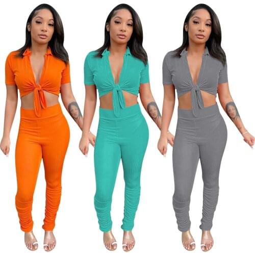 Ribbed Sporty Tracksuit For Woman Fitness Gym 2 Piece Set Sports Kit Leggings And Lace Up Crop Top Athletic Wear Yoga Outfits