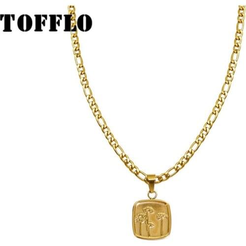 TOFFLO Stainless Steel Jewelry Lotus Dandelion Square Pattern Necklace Womens Fashion Cavicle Chain BSP1025
