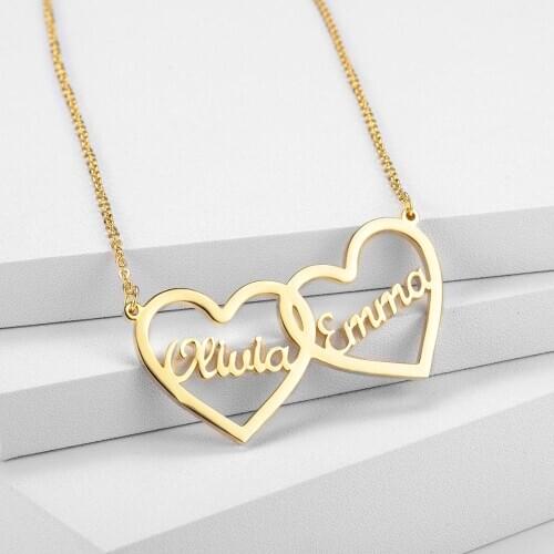 Zciti Personalized Double Heart Name Necklace Stainless Steel Customized Nameplate Necklaces Birthday Gift For Girlfriend