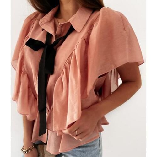 Tie-up Knot Chiffon Shirt Women Elegant Butterfly Sleeve Blouse 2021 Summer Autumn Button Ruffle Casual Blouse Loose Clothes