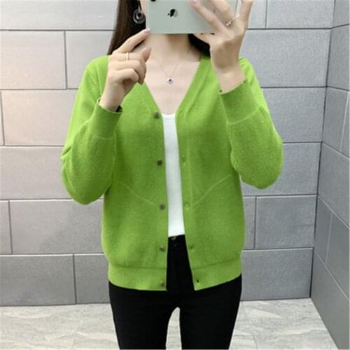 2021 New Korean Style Women Solid V-Neck Single Breasted Loose Cardigan Casual Long Elegant Knitted Cardigan Outwear Tops ZY6043