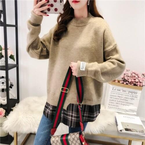 Pullover fake two-piece sweater women autumn and winter loose Korean version 2021 fashion new ladies long-sleeved round neck top