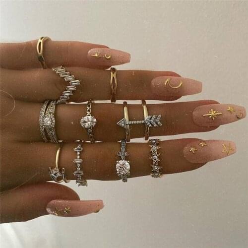 Boho Vintage Women Rings Sets Gold Crystal Six Star Flower Snake Rings Set for Women Fashion Charm Water Drop Rings Jewelry Gift
