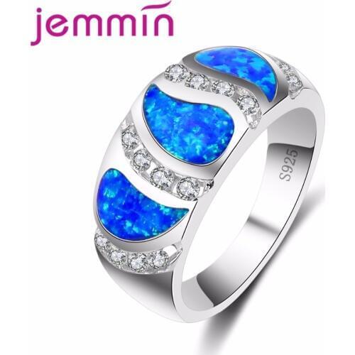 Hot Selling 925 Sterling Silver Women Girls Jewelry Unique Bule Radiant Opal Ring Silver Band for Wedding Bridal Decorati