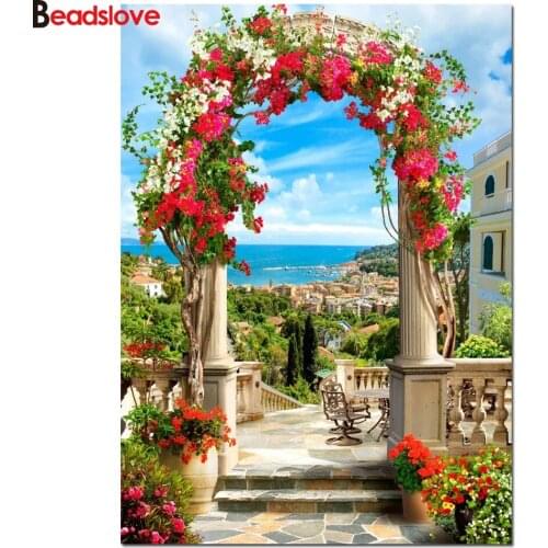 Fresh flower arch Diamond painting full square round 3d 5d diy picture diamond Embroidery Mediterranean Wall mural landscape