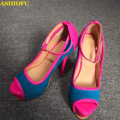ASHIOFU Handmade Women High Heel Pumps Patchwork Peep-toe Real Picture Party Dress Shoes Buckle Ankle Strap Evening Court Shoes
