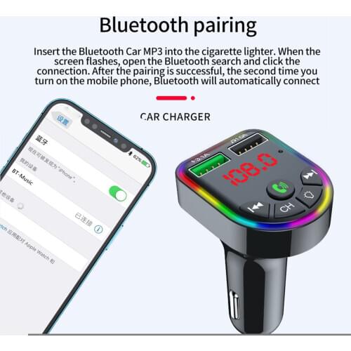 New Bluetooth Car Charger LED Bluetooth FM Transmitter F5 Bluetooth car player supports QC3.1 and colorful atmosphere lights Hot