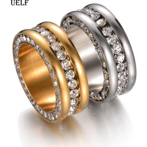 Uelf 9mm Wide Steel Rings For Women Silver Gold Stainless Steel Plated with Pave Crystal For Women Men
