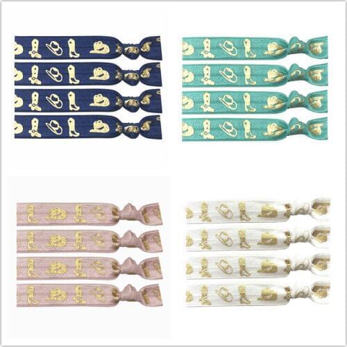 New Arrive 4 Colors 40pcs 5/8" Cowboy Hat Gold Foil Print Hair Band Hair Tie FOE Elastic Band Ponytail Holder Bracelet Wristband