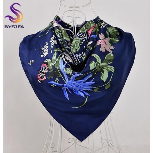 BYSIFA Navy Blue Twill Square Scarves Wraps Fashion Brand Floral Luxury Pure Silk Scarf Shawl Spring Autumn Winter Silk Scarf