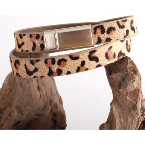 RH Fashion Women Armbander Magnetic Clasp Double Row Real Leopard Horsetail Leather Wrap Bracelets