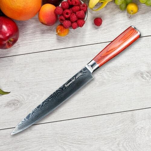 SUNNECKO 8" Damascus Slicing Knife Japanese VG10 Steel Blade Chef Fruit Vegetable Slicer Cutter Pakka Wood Handle Kitchen Knives