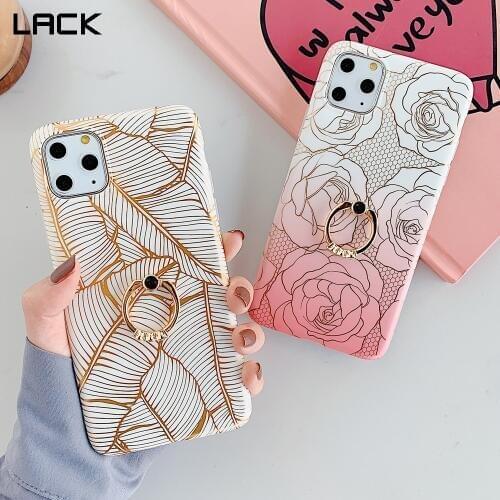 LACK Glod Plating Banana leaf Diamond Ring Stand Phone Case For 12 11Pro X XR XS Max 6 6S 7 8 Plus Gradient Rose Flowers Cases