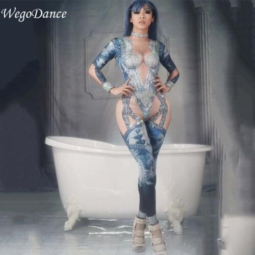 Sexy Bodysuit Denim Pattern Rhinestone Jumpsuit Costume Women Stage Performance Dance Stretch Bodysuit Nightclub Show Wear