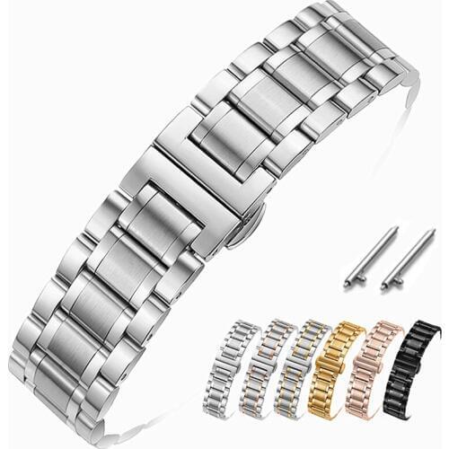 Watch Accessories Flat Head Solid Stainless Steel Watch Strap Double Press Butterfly Buckle Mens Ladies Strap 20mm 22mm