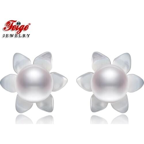 Elegant Shell Carved Flowers 3 Colors Natural Cultured Pearl 925 Silver Stud Earring for Women Gifts Fashion Jewelry FEIGE