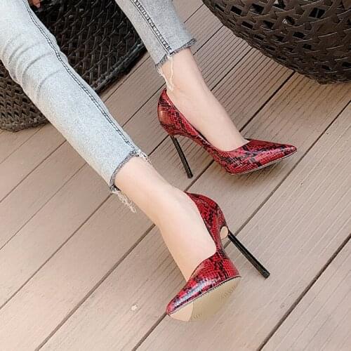 Spring Snakeskin Pattern Pointed Toe Light Mouth Red Stiletto High Heel Single Shoes Banquet Dress Large Size Womens Shoes