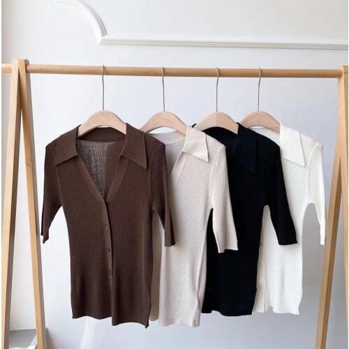 2021 Autumn Winter Womens Long Sleeve Wool Knitted Blouse V-Neck Short Sleeves Single Breasted Sweater Runway Solid Sweater