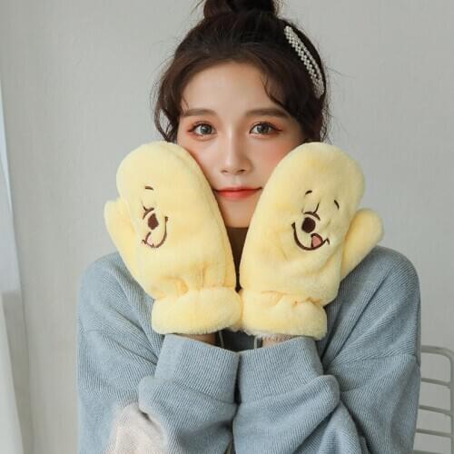 Women Winter Thick Velvet Cashmere Plush Wool Knit Warm Halter Mittens Female Cute Animal Bear Full Fingers Cycling Gloves I38