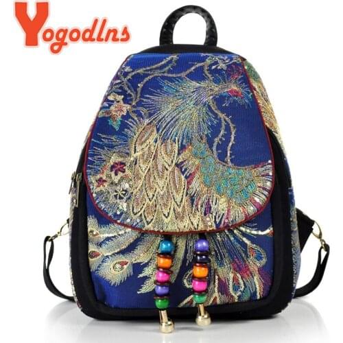 Yogodlns Fashion Sequins Backpack Women Large Capacity Rucksack Luxury Peacock Embroidery Knapsack Casual Lady Packs Travel Bag