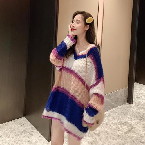 Sweater Blouse Female Autumn 2019 New V-neck Striped Hollow Out Long-sleeved Loose Casual Long Pullover Sweater Female