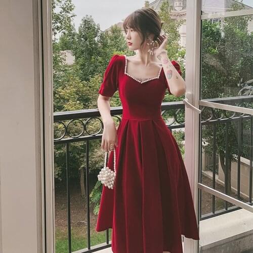 New Elegant Wine Red Square Neck Long Evening Dress Women Sexy Backless Party Banquet Gowns Toast Clothing Robe De Soiree