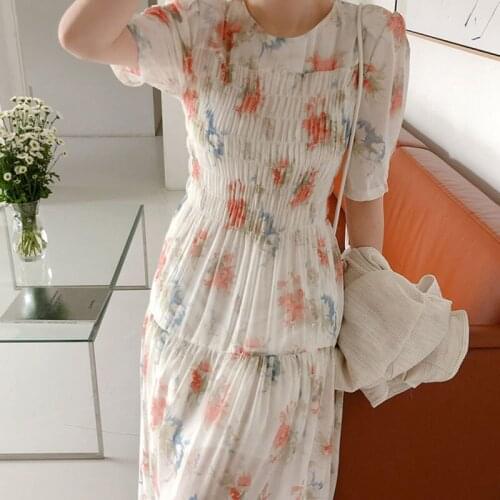 2021 Vestido Sweet Elegant White Short Sleeve Dress Women Chiffon Dress Print Elastic Waist Puff Sleeve Dresses for Women 15208