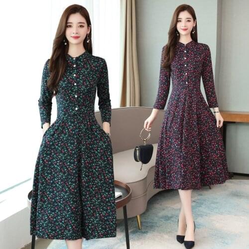 2021 Vintage Female Print Midi Dresses Autumn Winter 4XL Plus Size Floral Long Sleeve Dress Elegant Women Bodycon Party Vestidos