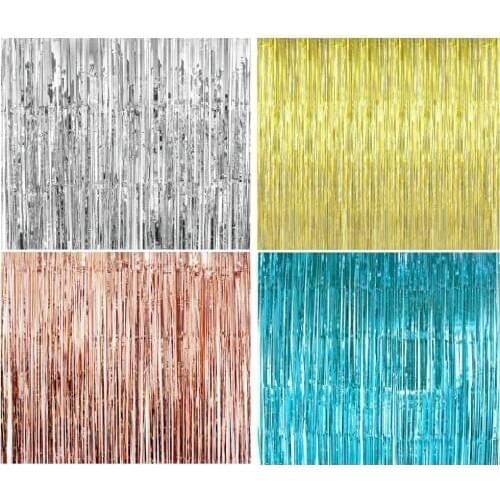 Gold Silver Metallic Foil Tinsel Fringe Curtain Birthday Party Decoration Wedding Photography Backdrop Photo Props 2 Pack