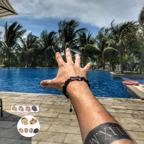 2017 New Arrival Diy Trendy Double Skull Charm Bracelets For Men Black CZ Skull Head Men Bracelets Agates Stone Jewelry Gift