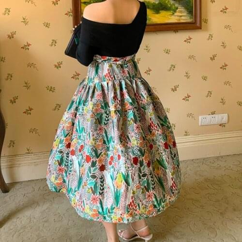 3XL Plus Size Korean Spring Summer Beach Boho Vintage Flower Print Puffy Skirt Female Elastic High Waist Skirt Women Clothes