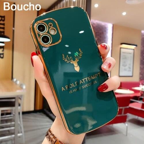 Boucho Electroplated Case For iPhone 12 Pro Max 12Mini 11 Pro XS Max XR X 7 plus 8Plus Luxury Plain Color Deer Pattern TPU Cover