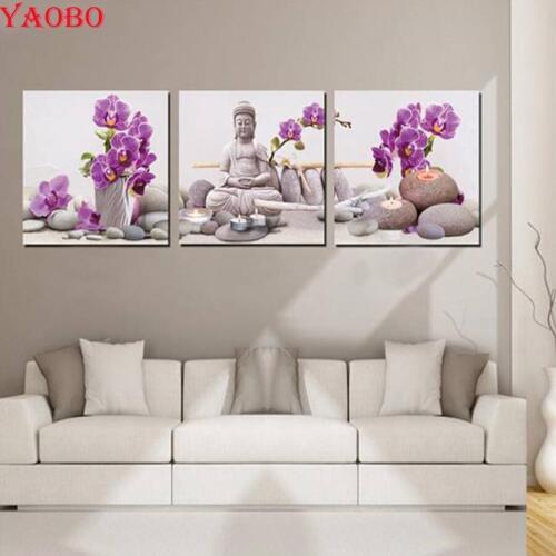 Diy triptych flower Buddha diamond painting full square/round drills embroidery beaded,3d Rhinestones mosaic diamond,still life