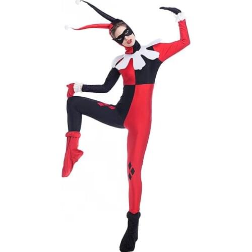 Women Circus Clown Movie Cosplay Female Halloween Droll Joker Jumpsuits Costumes Carnival Purim Nightclub Role Play Party Dress